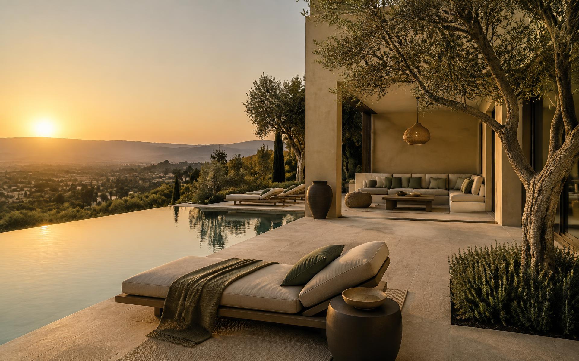 Terrasse et piscine d'une villa de standing au Maroc au coucher du soleil